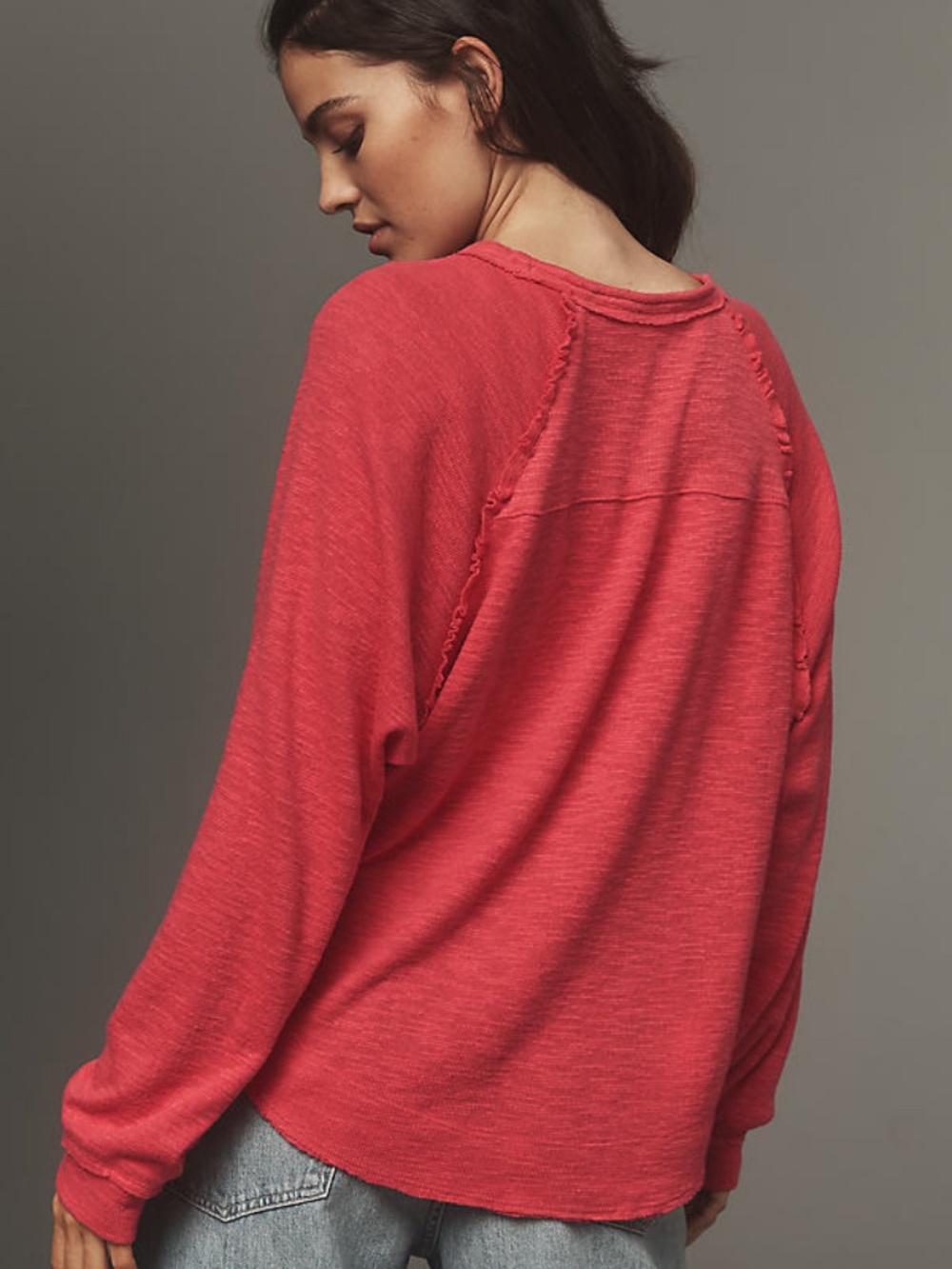 Pilcro Ruffled Raglan Thermal Red Wine Top - Picture 2 of 5